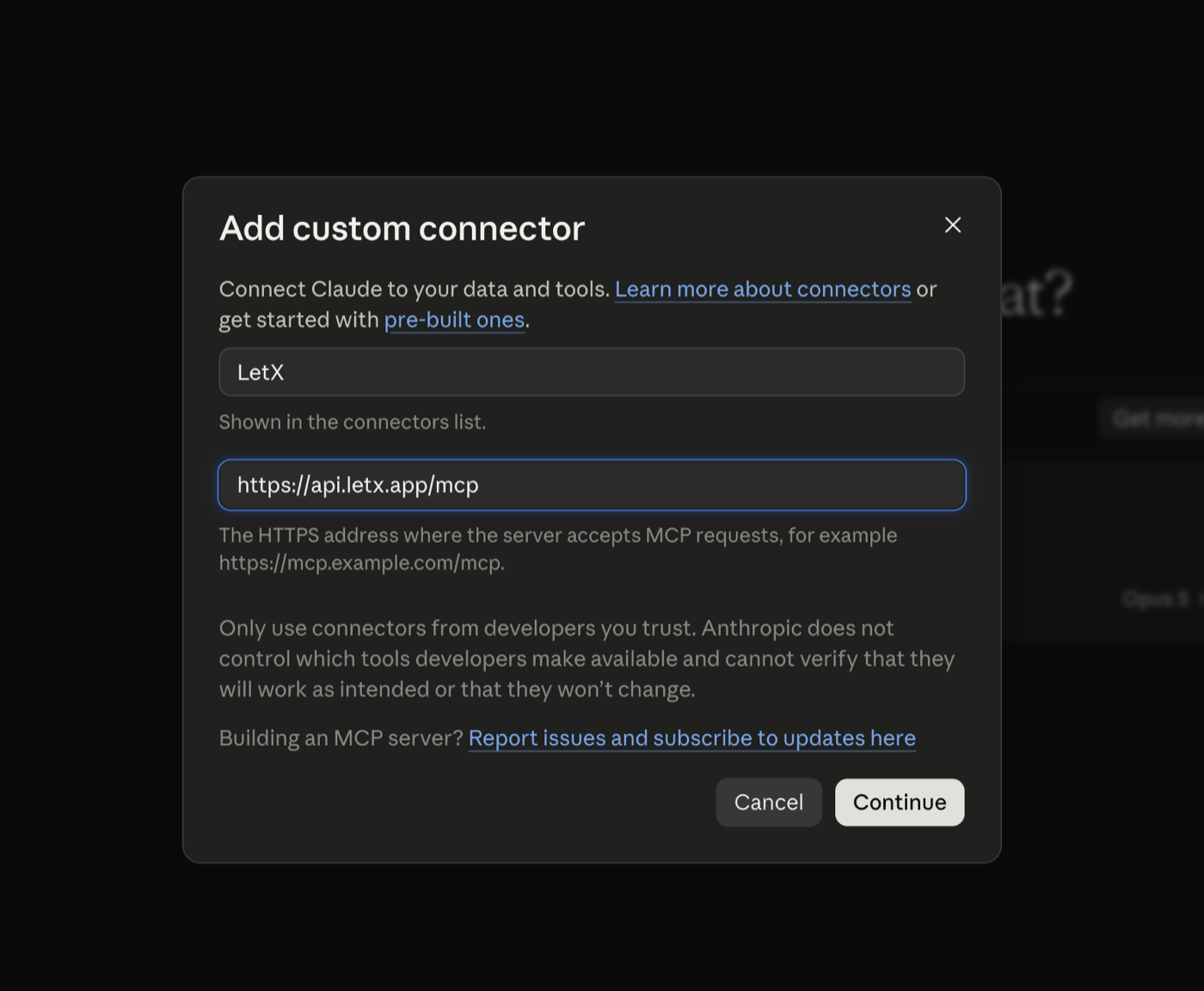 The Add custom connector dialog in Claude with the name letX and the letX MCP server address filled in