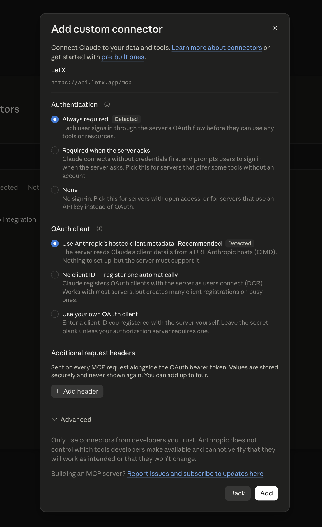 The Claude connector settings screen with Always required and Use Anthropic hosted client metadata both selected and marked Detected